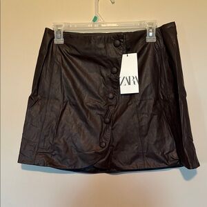 NWT Zara Faux Leather Skirt Dark Brown Button Popper Front Size Large L
